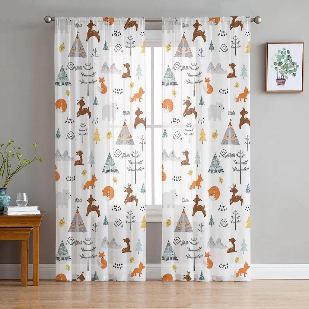 Animal Bird Fox Forest Winter Window Curtains for Living Room Kitchen Door Curtain Sheer Curtains for Bedroom
