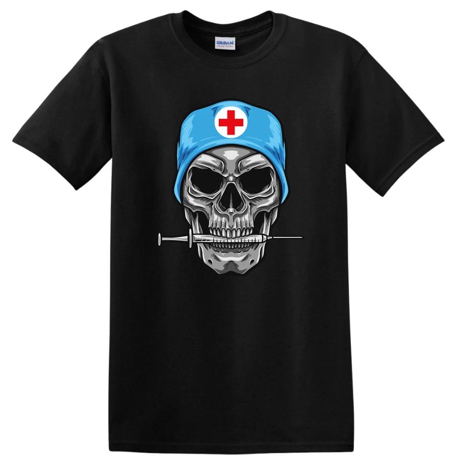 Skull Medic Nurse T Shirt Graphic Design Cool Funny Tee w/ Syringe Beanie XXXXL