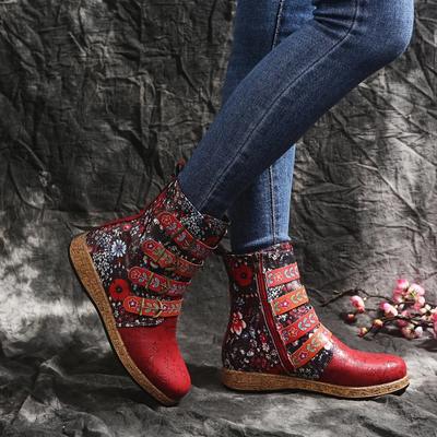 Fashion Women Ankle Boots  Autumn New Retro Ethnic Style Printed Metal Buckle Soft Leather Zipper Short Boots Shoes Botines Mujer
