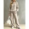 Women Ribbed Knit 2 Piece Outfit Round Neck Long Sleeve Top Drawstring Wide Leg Pants Casual Loungewear Matching Set
