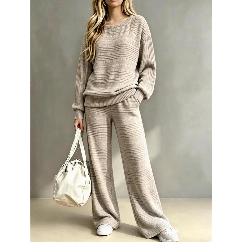 Women Ribbed Knit 2 Piece Outfit Round Neck Long Sleeve Top Drawstring Wide Leg Pants Casual Loungewear Matching Set