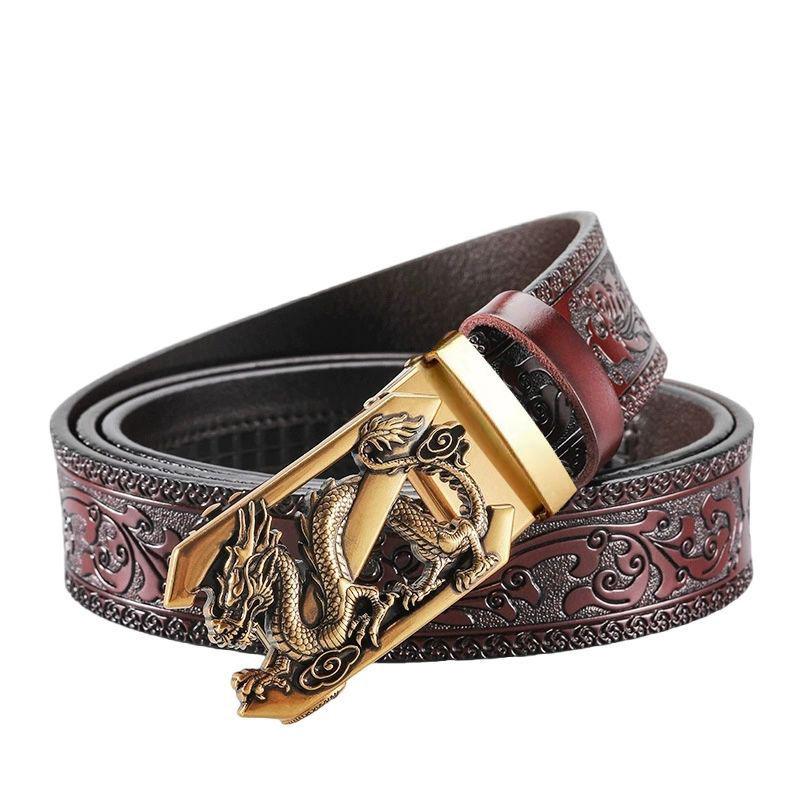 Domineering Tang grass pattern engraved men's automatic imitation copper buckle belt, personalized
