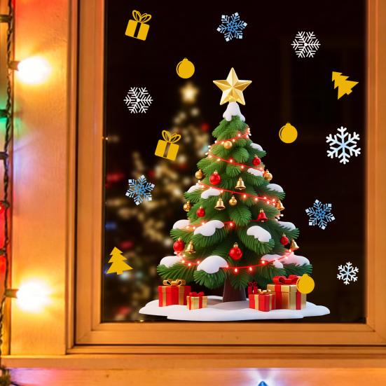 Waterproof PVC Stickers Christmas Window Cling, Santa Climbing Rope Sticker, Removable Static Cling Pattern Tree Decal for Glass Doors Windows Holiday