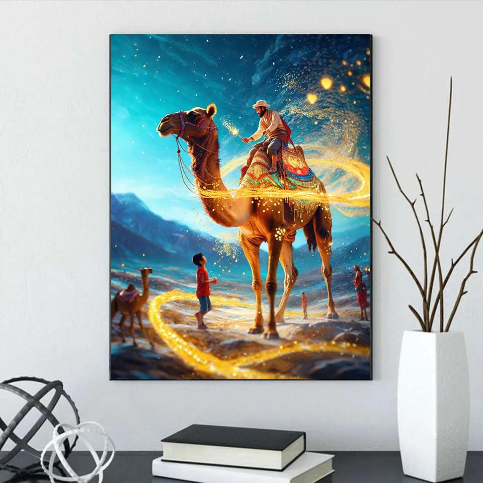 Full Drill 5D Diy Diamond Painting Desert Camel Animal Embroidery Sunset Scene Cross Embroidery Crystal Mosaic Home Decoration