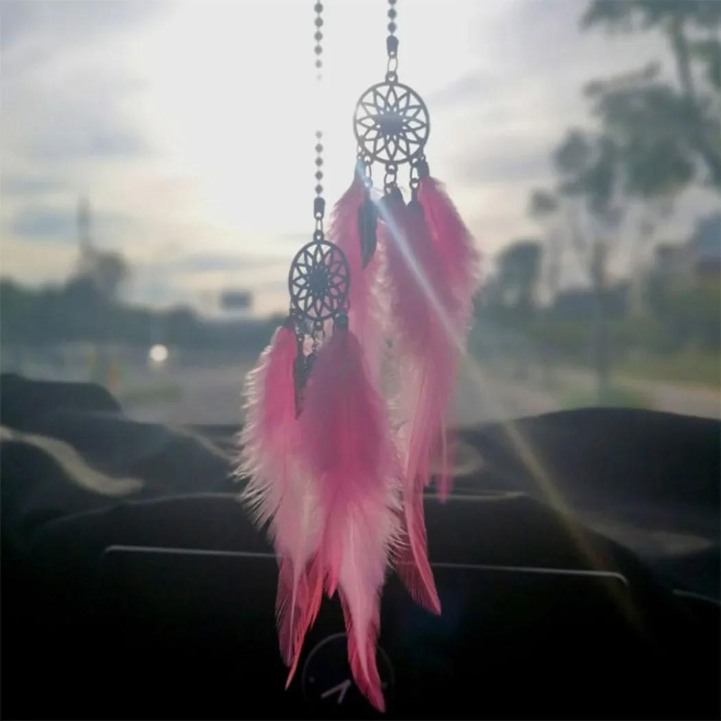 Feather Car Pendant Mini Dreamcatcher Car Interior Feather Mirror Hanging Wind Chimes Feather Ornament Home Wall Hanging