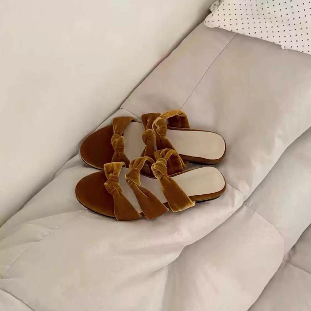 Sheepskin Version~ Korean Version of Velvet Flat Bottom One-word with Knotted Open-toed Sandals for Women To Wear 2025 Summer Cool Slippers