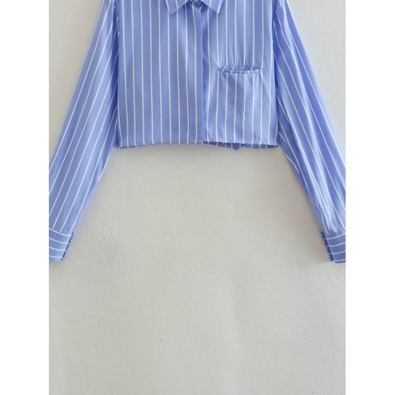 Kaslead Lapel Long Sleeves Striped Short Style Poplin