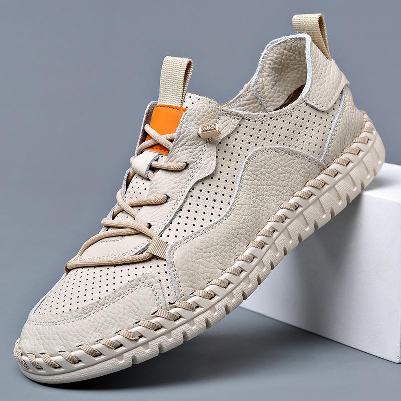 2025 new hollow first layer cowhide men's small leather shoes breathable soft-soled Doudou shoes glue-free hand-sewn shoes