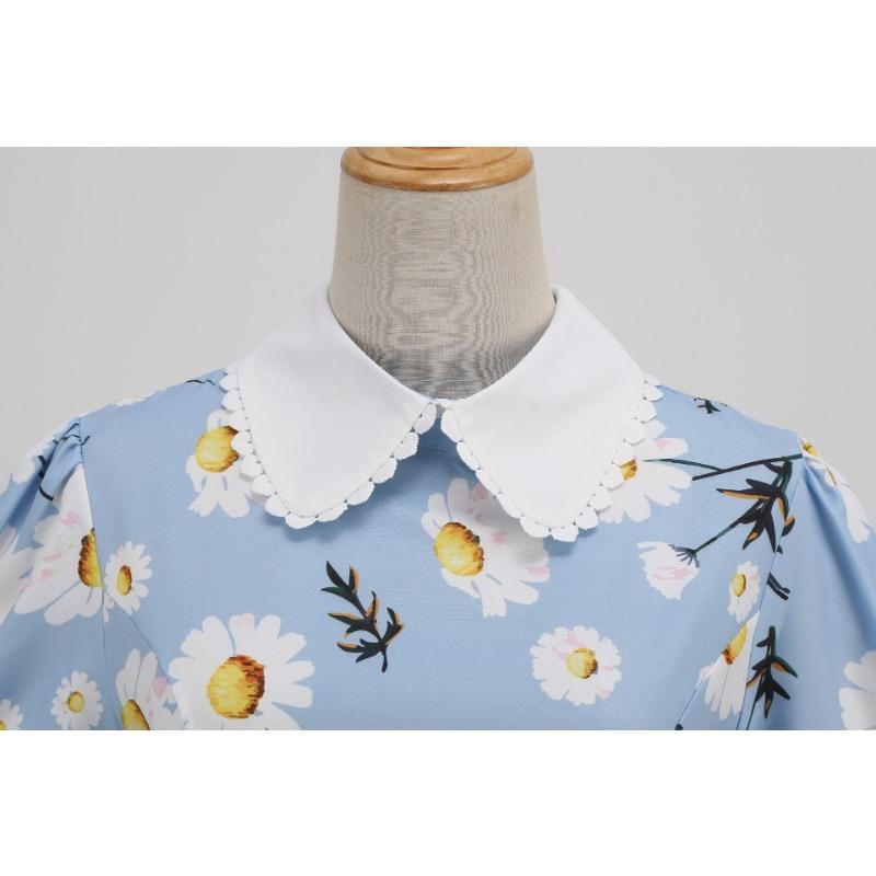 Women's Clothing Supply Summer Blue Bundle Neck Doll Collar Short Sleeve Retro Medium and Long Dress Printed Dress