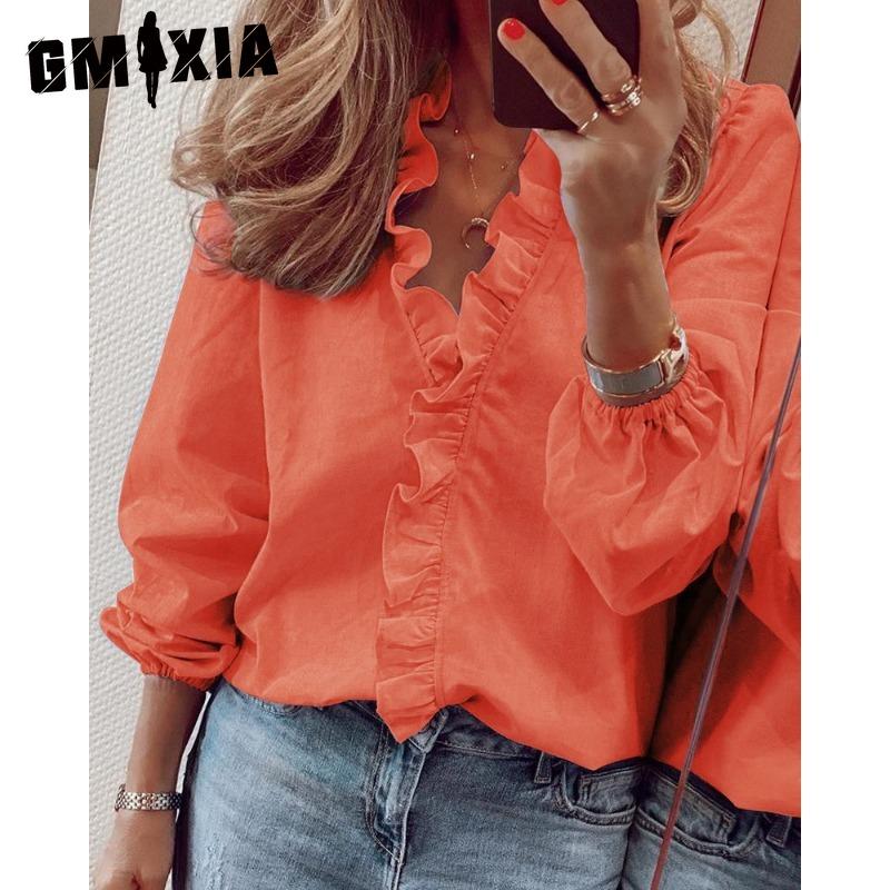 GMXIA Women's Fashion Casual Solid Color Print Long Sleeve V Neck Blouses & Shirts