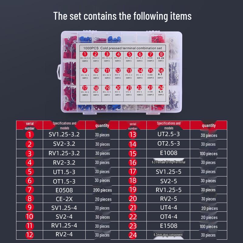 24 Styles Cold Crimp Wire & Tube Terminals Set, 1000pcs