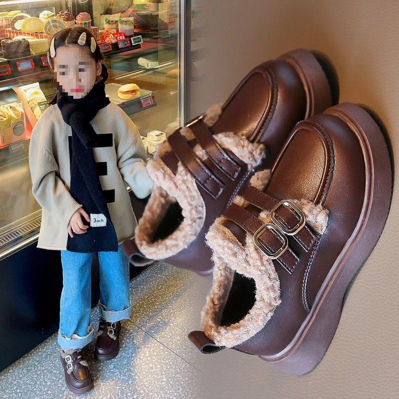 Girls' velvet small leather shoes 2025 autumn and winter new boys' lamb wool soft-soled cotton shoes British style warm princess shoes