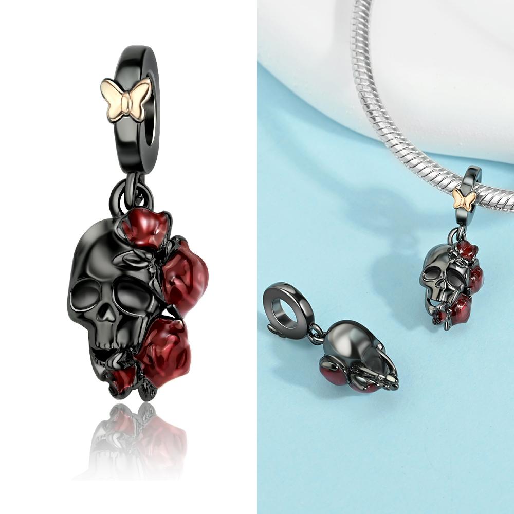 New Gothic Style 925 Sterling copper Black Spider&Red Rose Skull&Scorpion&Death Dangle Charm Fit DIY Bracelet Dark Zircon