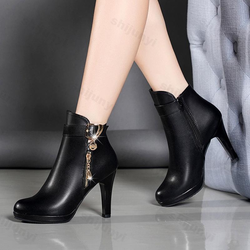 Fashion Women Ankle Boots 2025 Autumn Round Toe PU Leather High-heeled Boots Fashion Retro Zipper Thin Heel Short Boots Botas Mujer