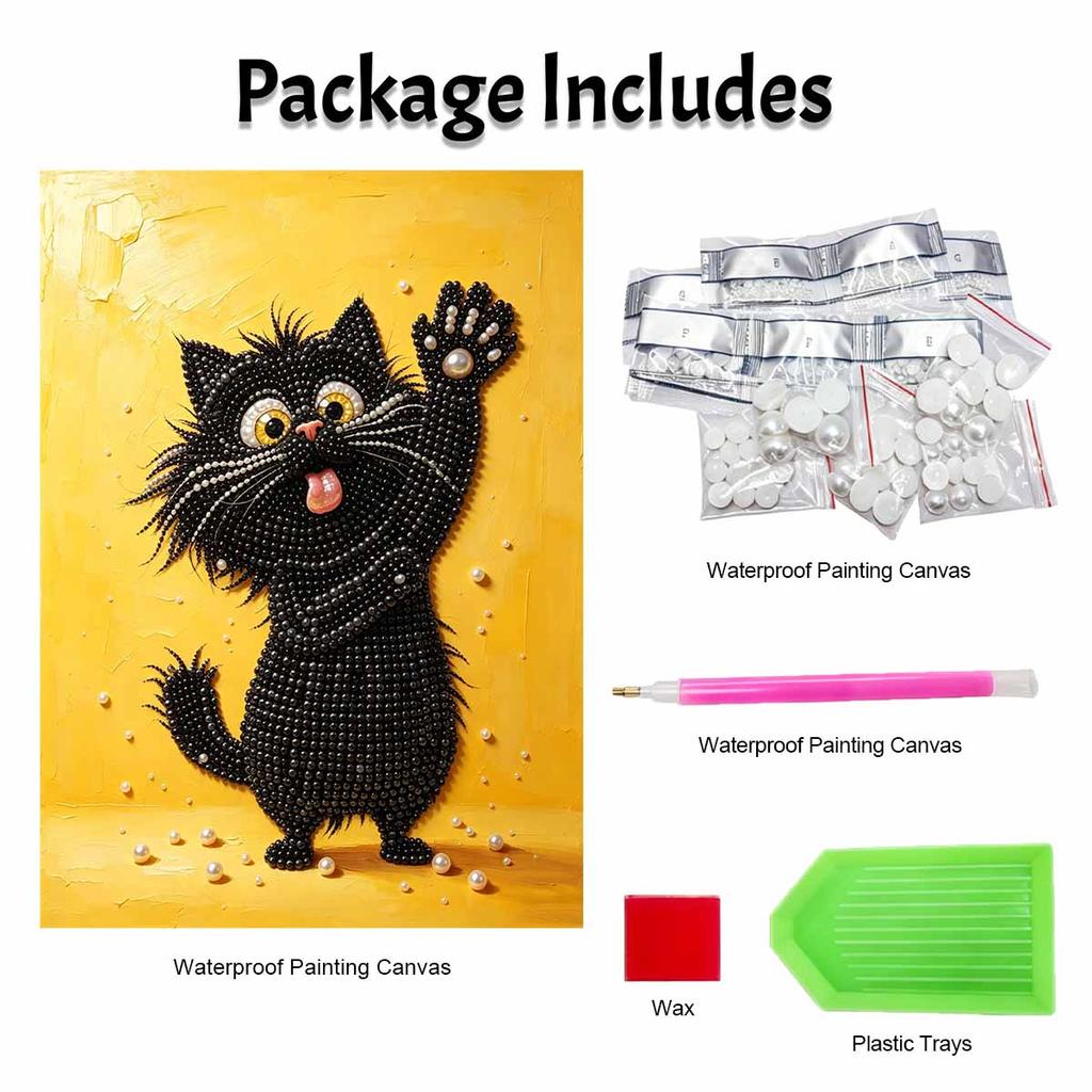 Framed Pearl Painting Kit Cute Black Cat 3D Shiny Bead Art Canvas for Bedroom Living Room Decoration Wall Hanging Craft Gift Supplies Set