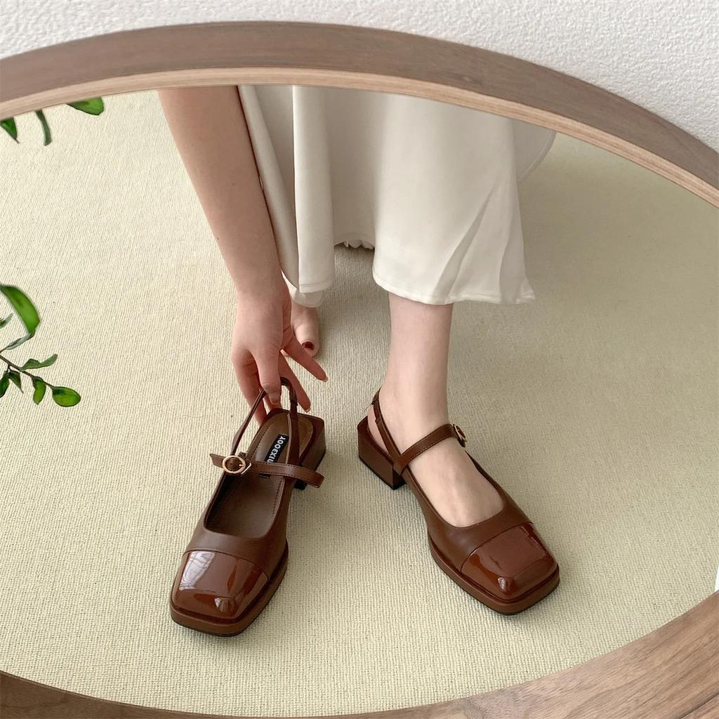 Fashion Women Square Toe Mary Jane Sandals Design Chunky Heel Dress Shoes Summer New Fashion Slingback Walking Party Pumps Zapatos Mujer