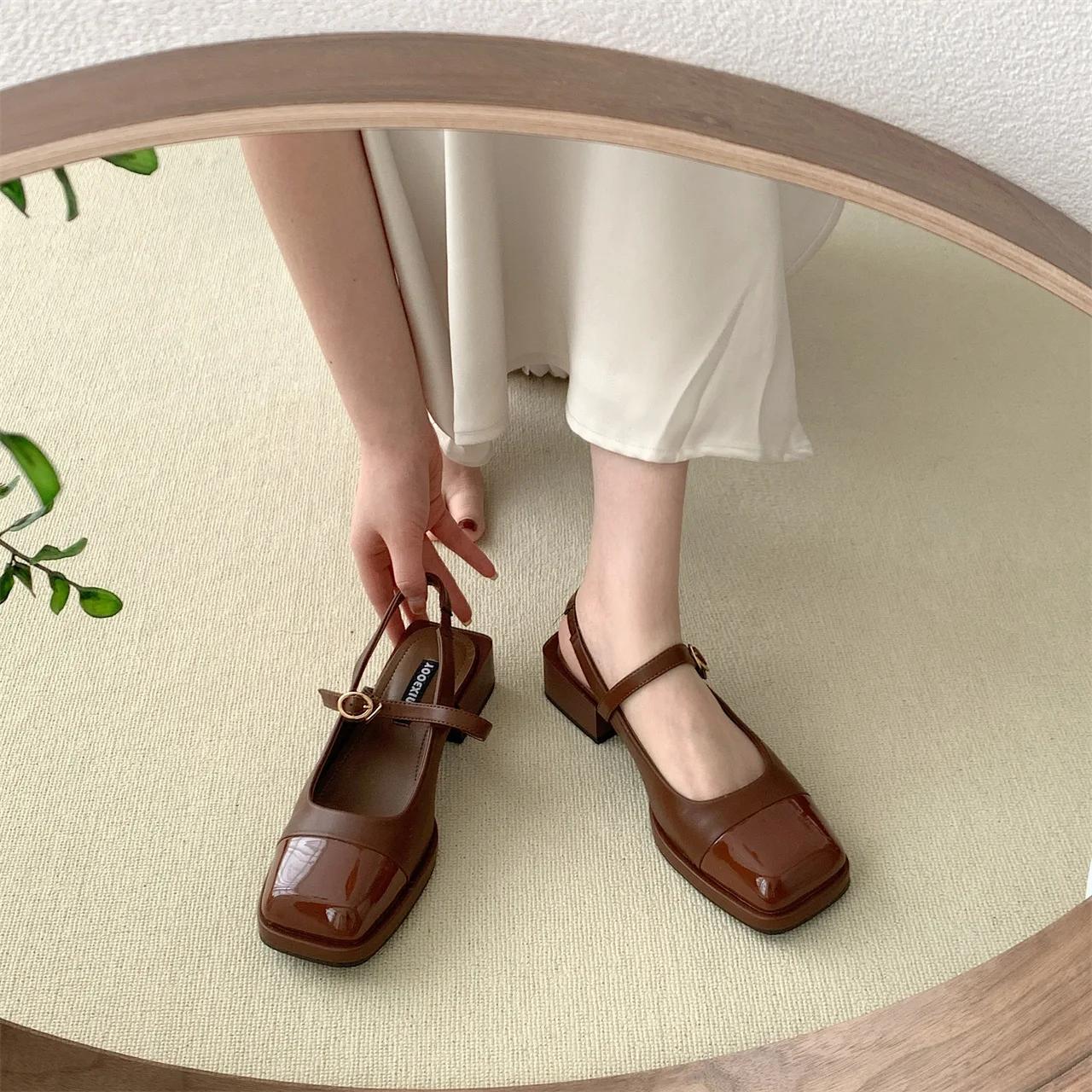 

Fashion Women Square Toe Mary Jane Sandals Design Chunky Heel Dress Shoes Summer New Fashion Slingback Walking Party Pumps Zapatos Mujer 35 коричневый