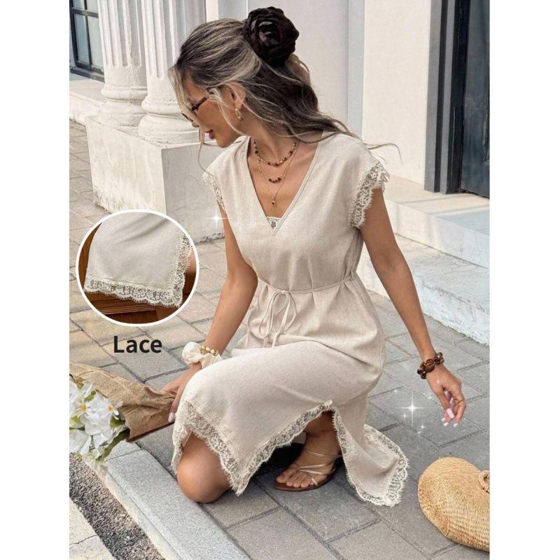 European summer casual solid color lace splicing V-neck short-sleeved side split medium and long dress XS
