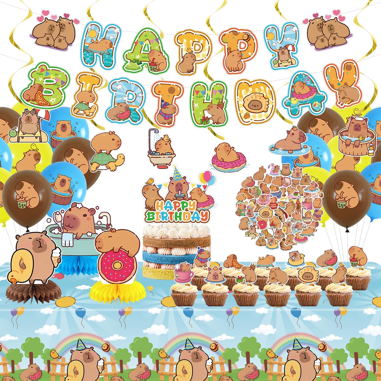 Capybara Birthday Party Decorations - Capybara Party Supplies including Happy Birthday Banner, Spirals, Cake Toppers, Table Centerpieces, Balloons,
