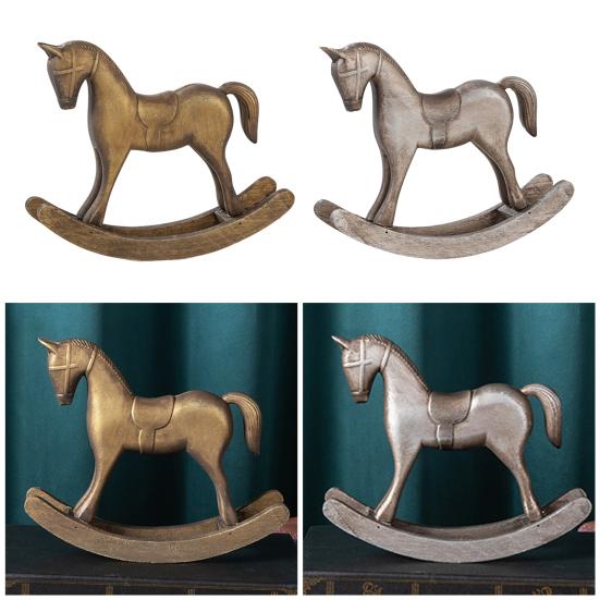 Wood Carving Rocking Horse Figurine Vintage Miniature Rocking Horse Statue Home Office Living Room Desktop Decoration Ornament