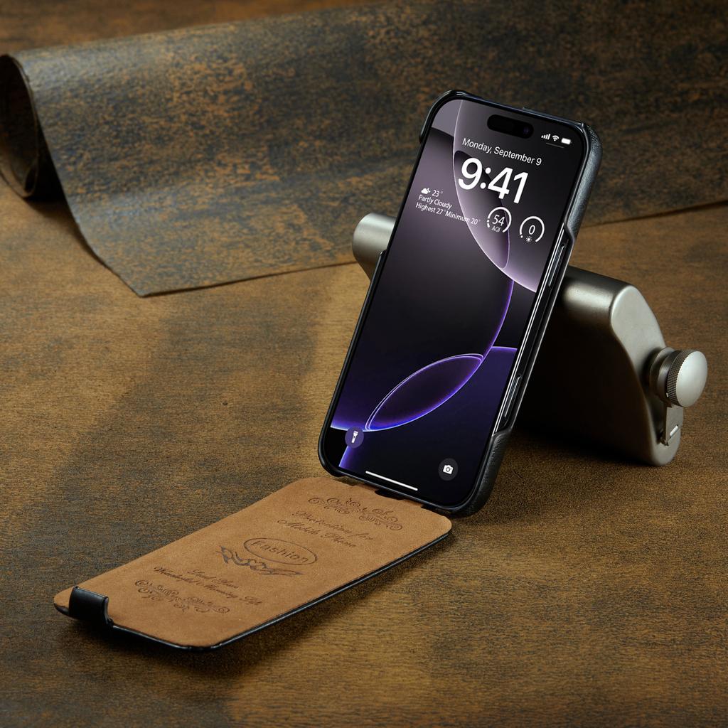 Etui na iPhone 16 Pro Max z klapką pionową, skórzane, z teksturą Crazy Horse, pokrowiec na telefon