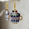 Creative Personality Colored Print Teacup Cat Animals Dangle Earrings for Women Men Cartoon Cute Kitten Jewelry Accessories Gift