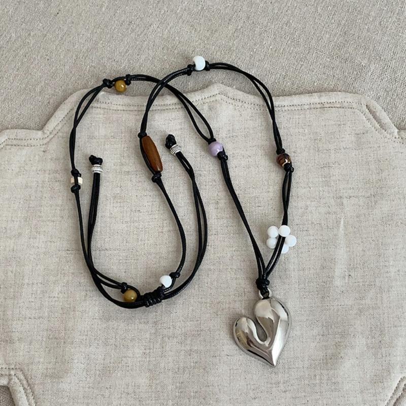 Irregular Love Heart Flower Beaded Pendant Necklace Adjustable Length Neckchain For Women Enamel Craft Jewelry