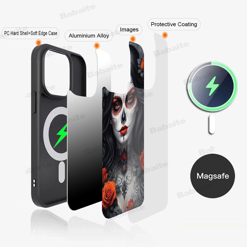 Catrina Beautiful Rose Girl Skull Phone Magnetic Case For IPhone 16 14 13 12 11 15 ProMax Plus For Magsafe Wireless Charge Cover