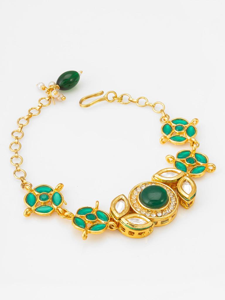 Gold-Plated Green Stone-Studded & Beaded Handcrafted Bracelet