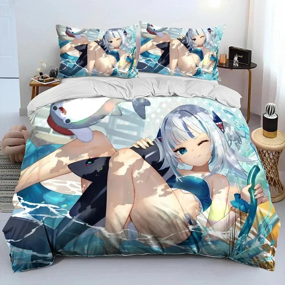 Cute Gawr Gura Hololive Anime Shark Bedding Set Printed Bed Set With Pillowcase Duvet Cover Soft Queen King Size Bedclothes Home