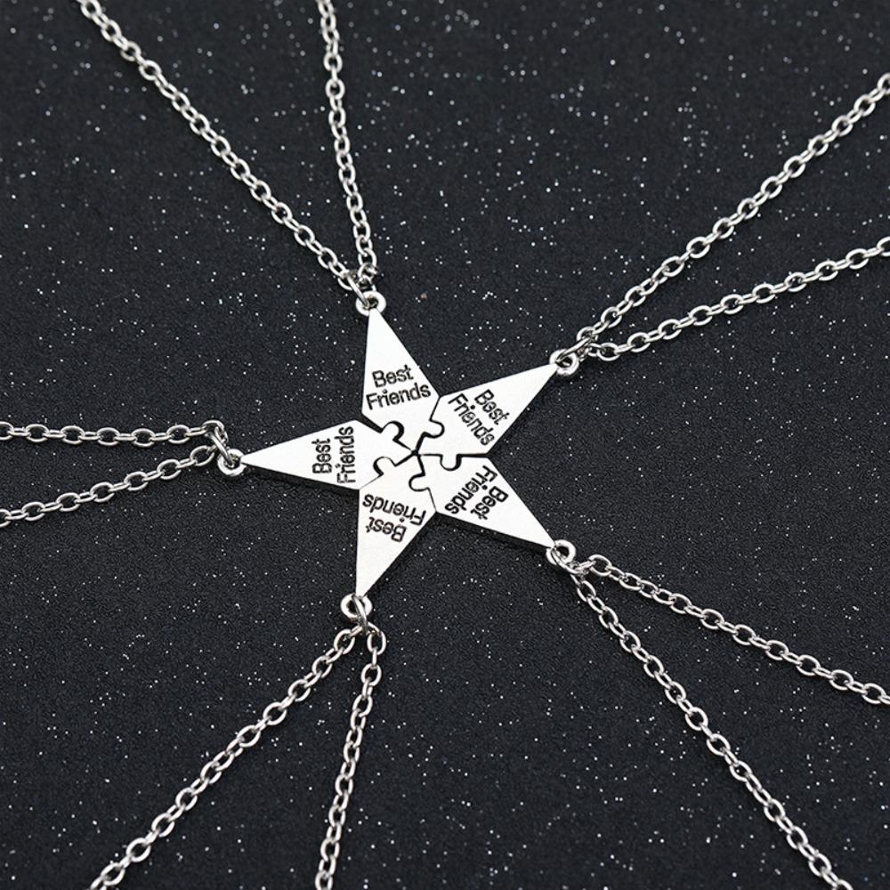 5pcs Set Simple Five People Splicing Best Friends Letter Five-pointed Star Pendant Necklace for Women Men Birthday Jewelry Gifts