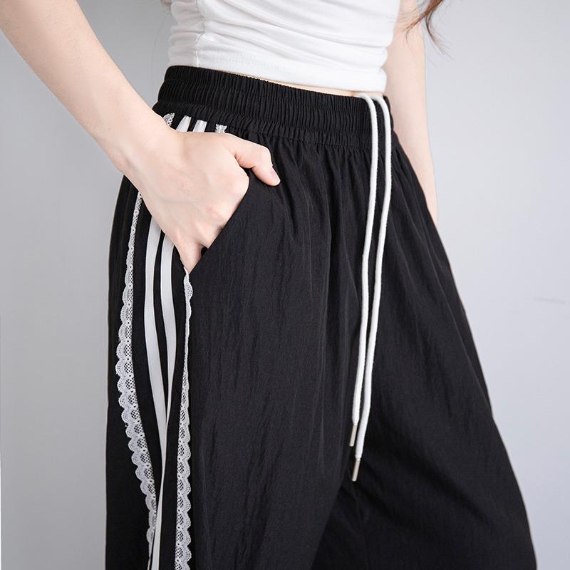Lace striped sweatpants women's autumn new loose wide-leg straight casual quick-drying black wide-leg pants