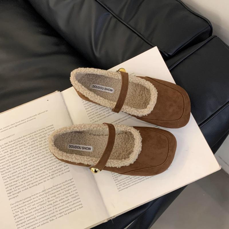 Women's Flat Shoes Winter New Square Head Shallow Mouth Suede Soft Sole Anti-slip Wear-resistant Low-top Shoes