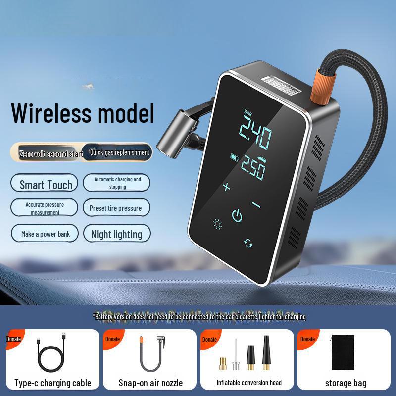 

Портативный беспроводной автомобильный воздушный насос с цифровым дисплеем и многофункциональной интеллектуальной системой накачивания шин.