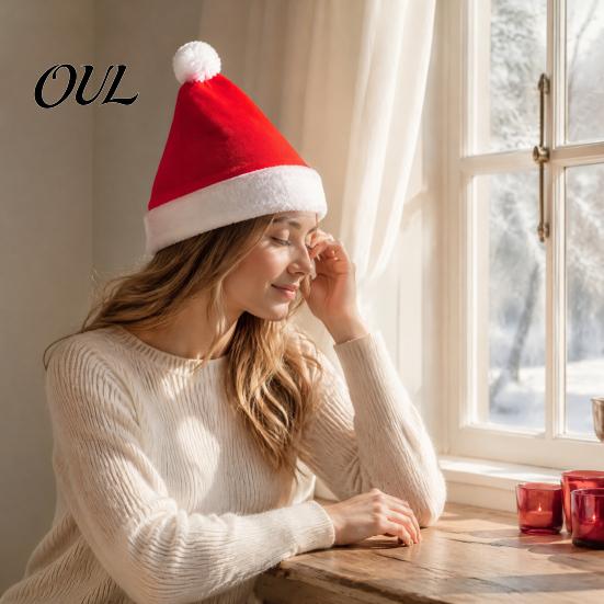 Xmas Party Photo Booth Props Gold Velvet Santa Hat for Adults Kids, Classic Christmas Red with Fluffy Holiday Hats Kids Trim, Soft Comfortable Costume