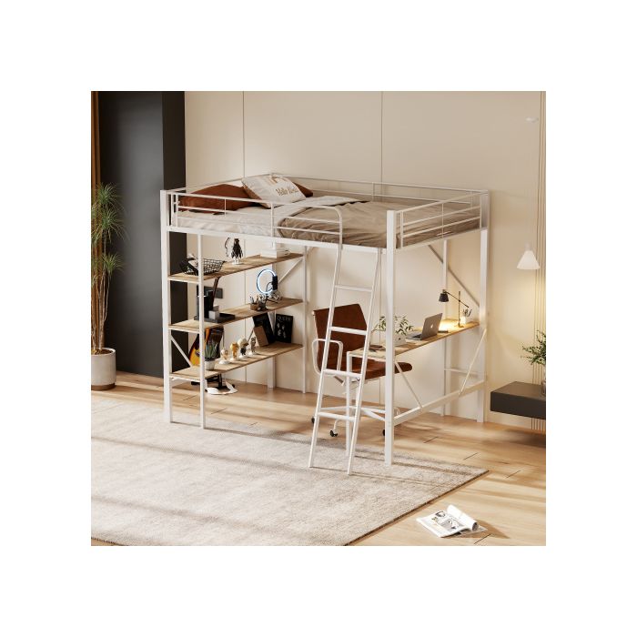 Lit mezzanine - MUVOE - 90x200 cm - Métal blanc - Bureau intégré - 3 étagères