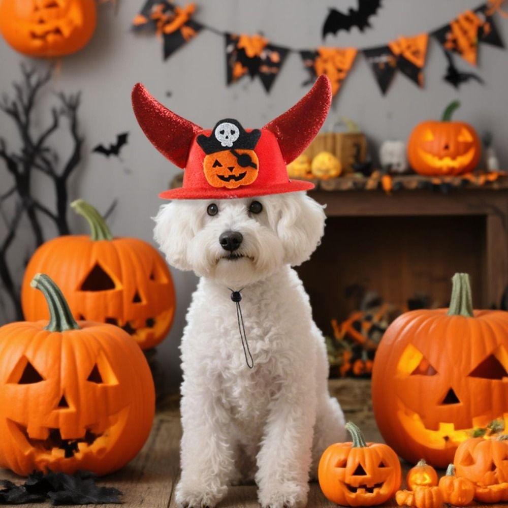 Cat Headwear Cartoon Halloween Pet Horns Hat Pumpkin Felt Halloween Pet Hat Funny Adjustable Cat Cosplay Hat Cosplay Party