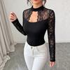 Women Solid Color Lace Hollow Out Patchwork Casual Long Sleeve T Shirt Top