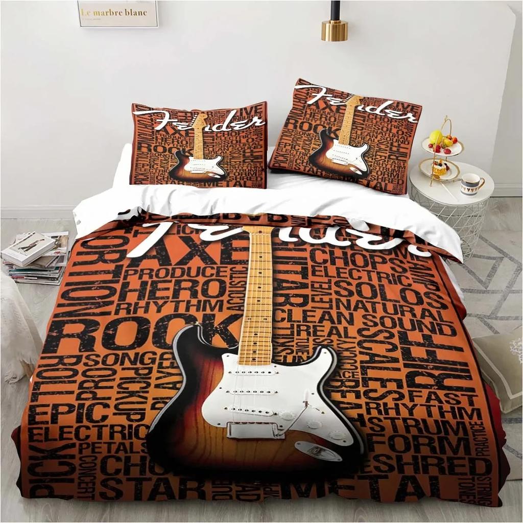 Set Biancheria da Letto 3 Pezzi Piumone Fender Letto Singolo Musicale Set Chitarra Copripiumone Letto Matrimoniale King Tessile per la Casa