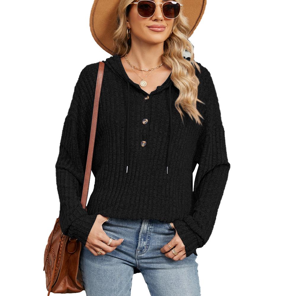 Autumn and Winter New Solid Color Hooded Button Versatile Style Solid Color Loose Long Sleeved Sweatshirt Women's Clothing