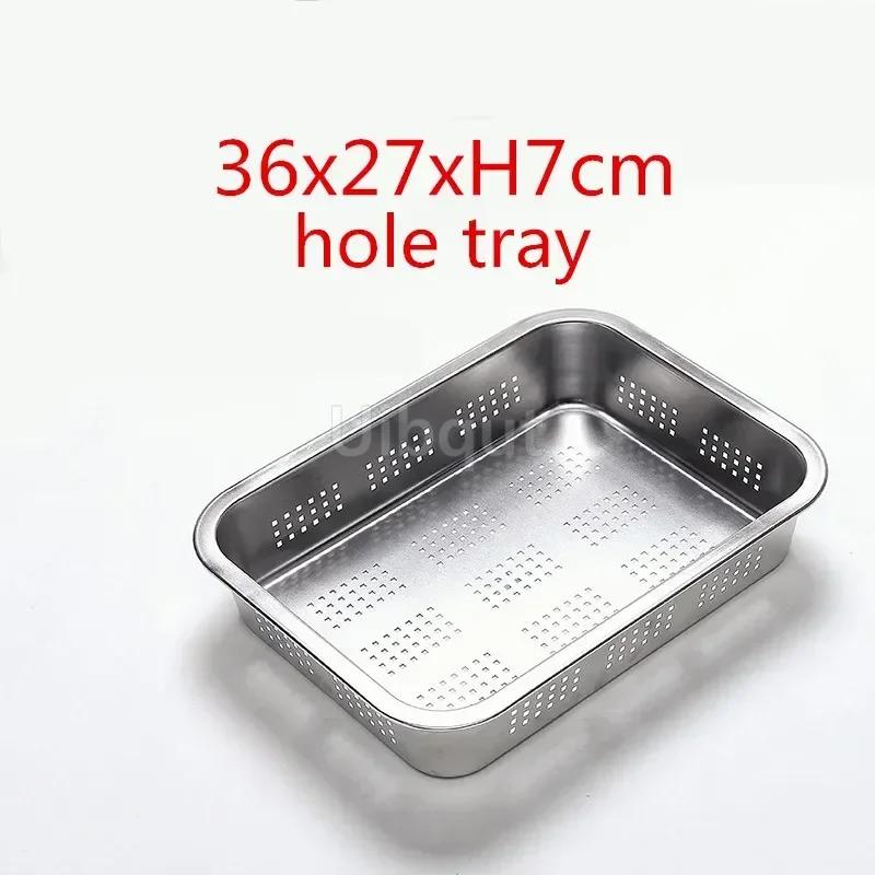 304 Tablett Edelstahl Aufbewahrungsschalen Leckplatte Loch Maschensieb Sieb Waschen Gemüse Becken Trocknen Wasserfilter Becken Deckel