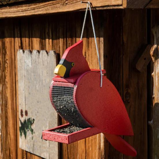 Red Bird Birdseed Dispenser Handcrafted Wooden Bird Feeder Hanging Wild Bird Feeder for Outdoor Garden Backyard Decoration
