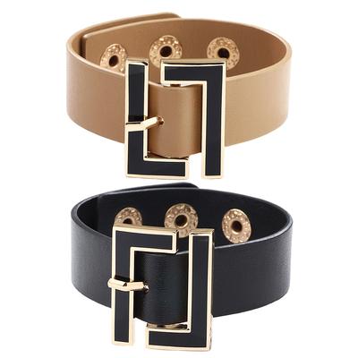 2023 New Bangle Fashion Wide Leather Bracelet For Women Black Geometric Metal Bracelet Wrap Charm Jewelry Femme Gift