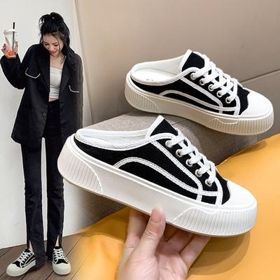 Closed Toe Half Slippers for Women  Spring and Summer New Lace-up Women's Shoes Biscuit Sole Color Matching Soft Bottom Women's Canvas Shoes