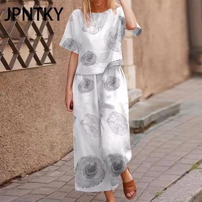 JPNTKY Spring and Summer Loose and Elegant Casual Printed Cotton and Linen Short-sleeved Fashionable Sportswear Set