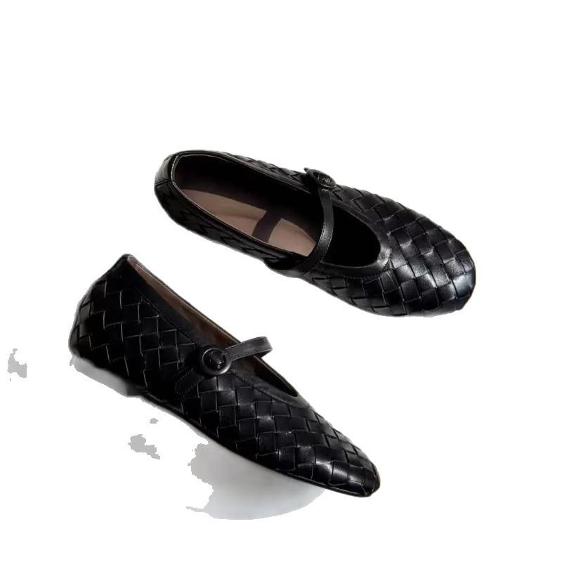 Cowhide version~ Woven temperament round head with low heel flat bottom Mary Jane women's new versatile light mouth single shoes women
