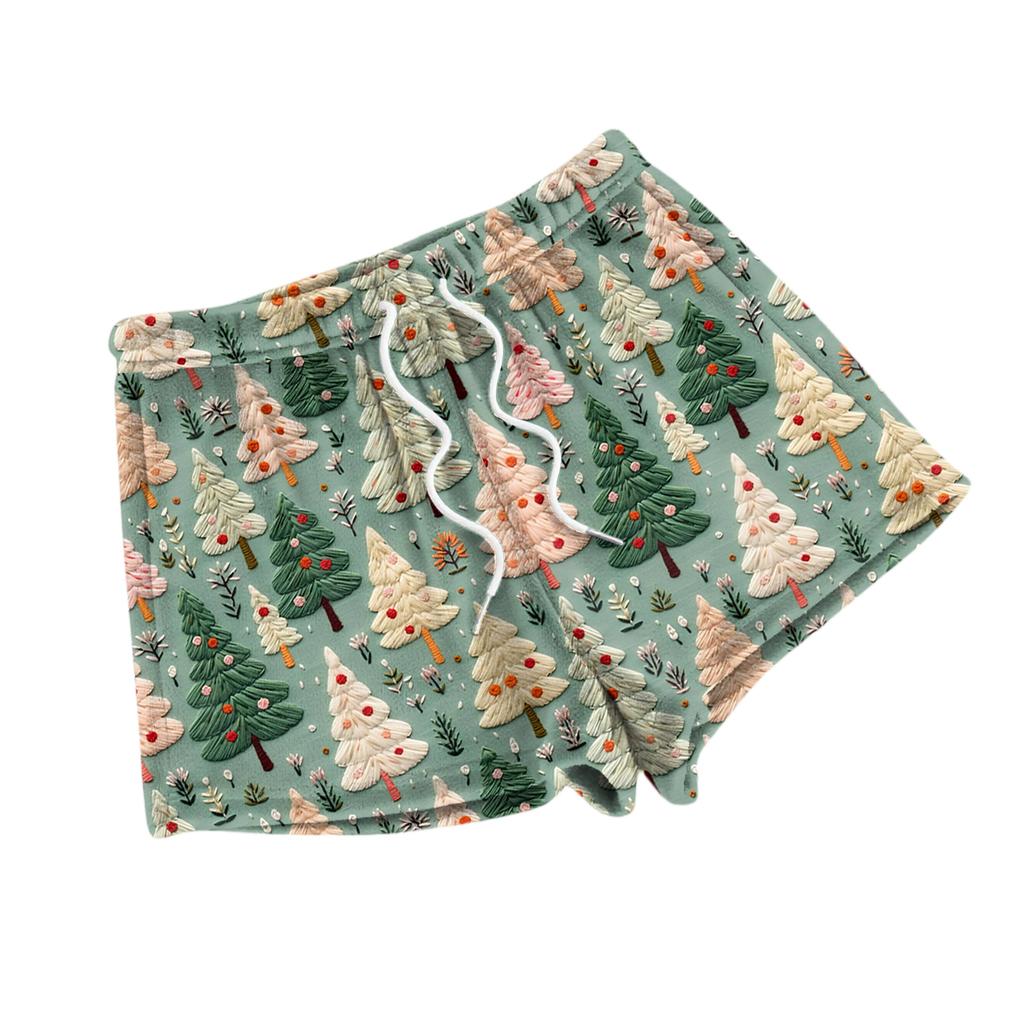 Damen Modische Locker Geschnittene Pyjamashorts Mit Fleece Weihnachtsprint Freizeithose