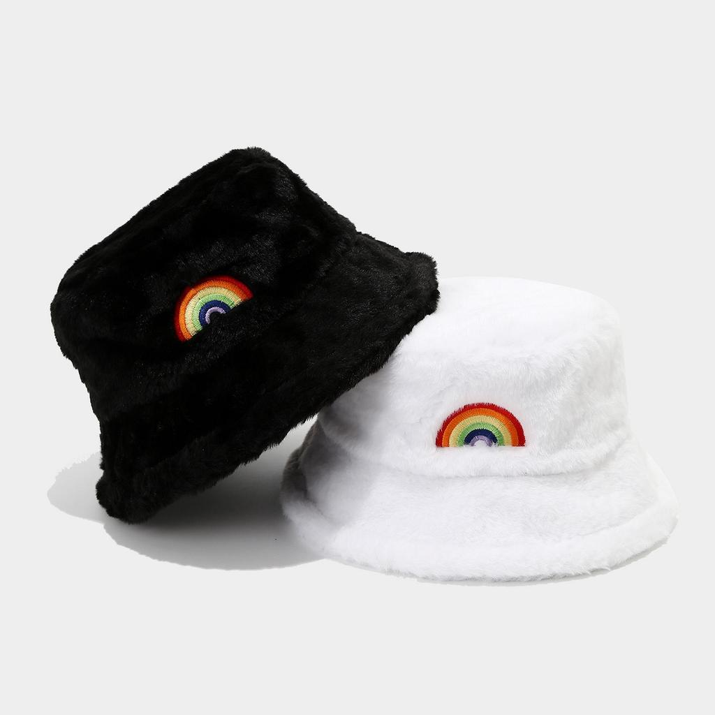 Autumn and Winter Bucket Hat Trendy European and American New Rainbow Embroidery Thickened Warm Hat Women's Outdoor Versatile Sun Hat