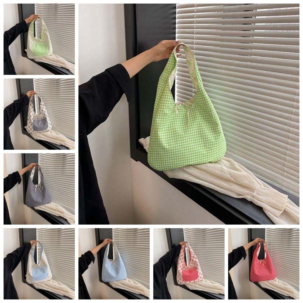 Sweet Plaid Nylon Vest Pouch Lace Decoration Tote Bag Simple Women Bow Printed Handbag  Storage