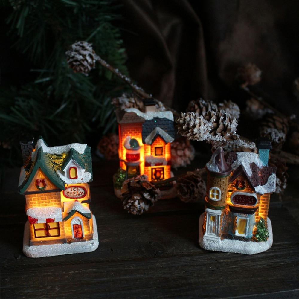 New Year Figurine Mini Miniatures Resin Craft Village House LED Light Christmas Decoration Ornament